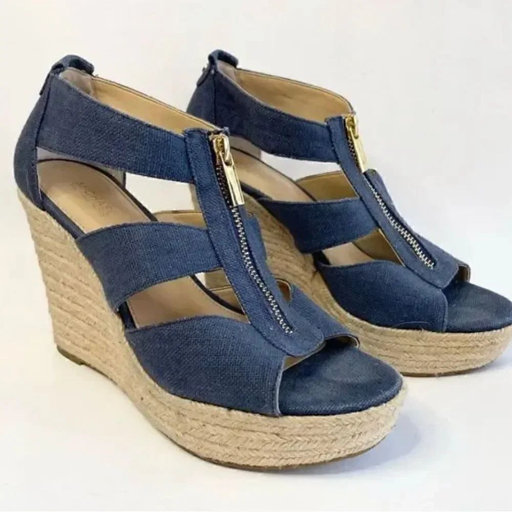 Michael kors mk denim damita wedge zip up sandal heel/ sz 10